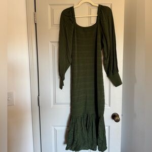 NWT Anthropologie Moss Green Smocked Puff-Sleeved Midi Dress Sz XL